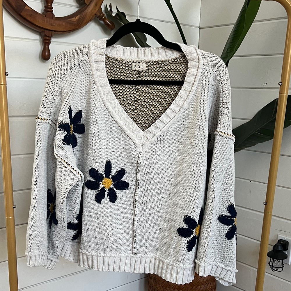 POL Women's Cream Sweater with Floral Design